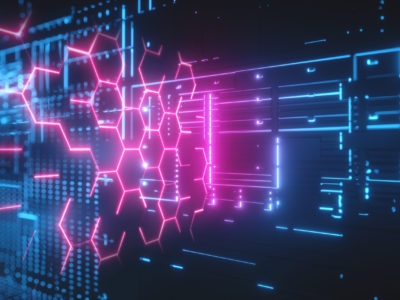 Hi-tech futuristic background. Glowing blue neon electronic pattern. Global network system. Bright light. Cybernetic landscape. Hexagonal pink grid hologram. Security concept.